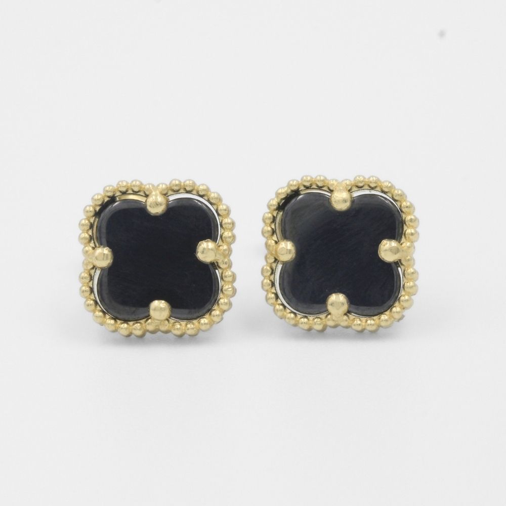 Arete de Oro 14k Trébol de Ónix con Bisel Brillante mod. 7742