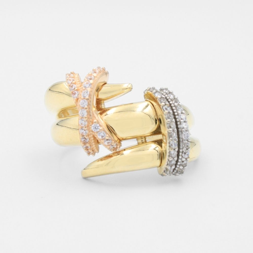 Anillo de Oro 14k Estilo Chunky de Diseño Florentino con Zirconias mod. 8794