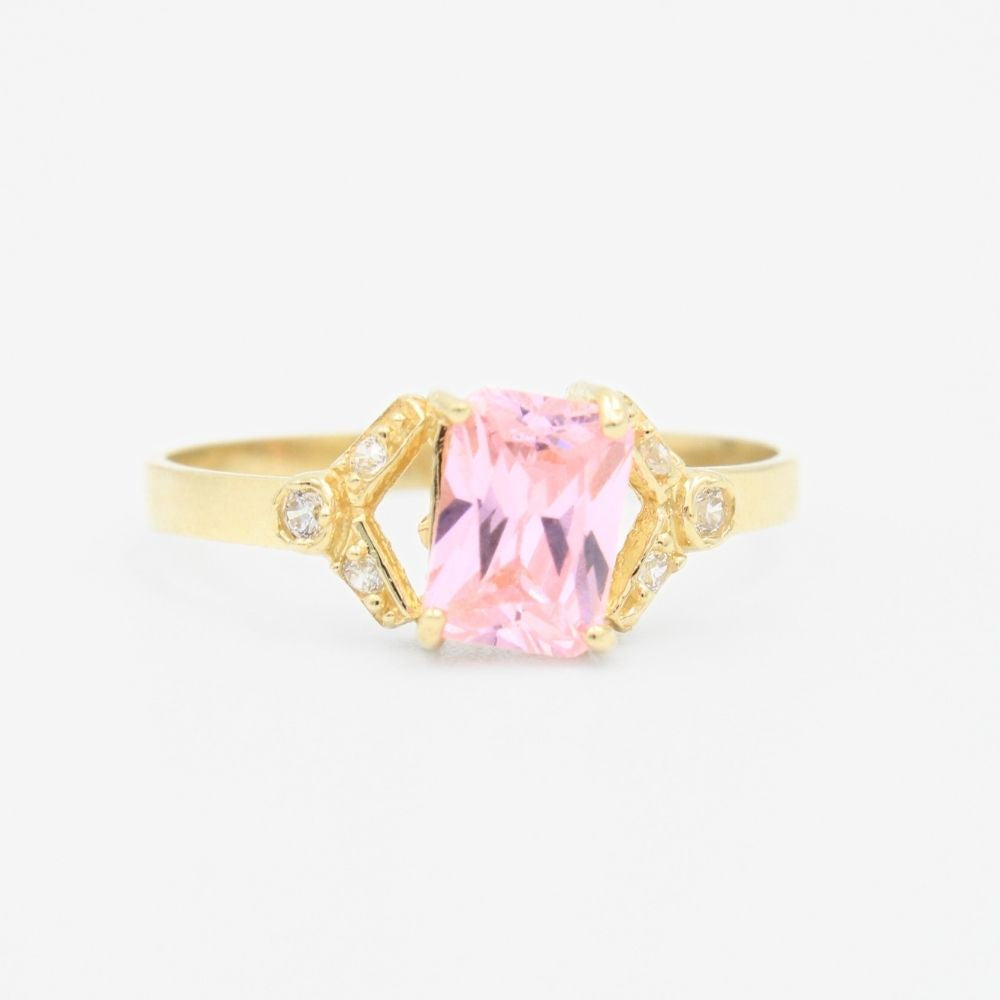 Anillo de Oro 14k con Diseño de V Incrustado de Zirconia en Color Rosa mod. 9217