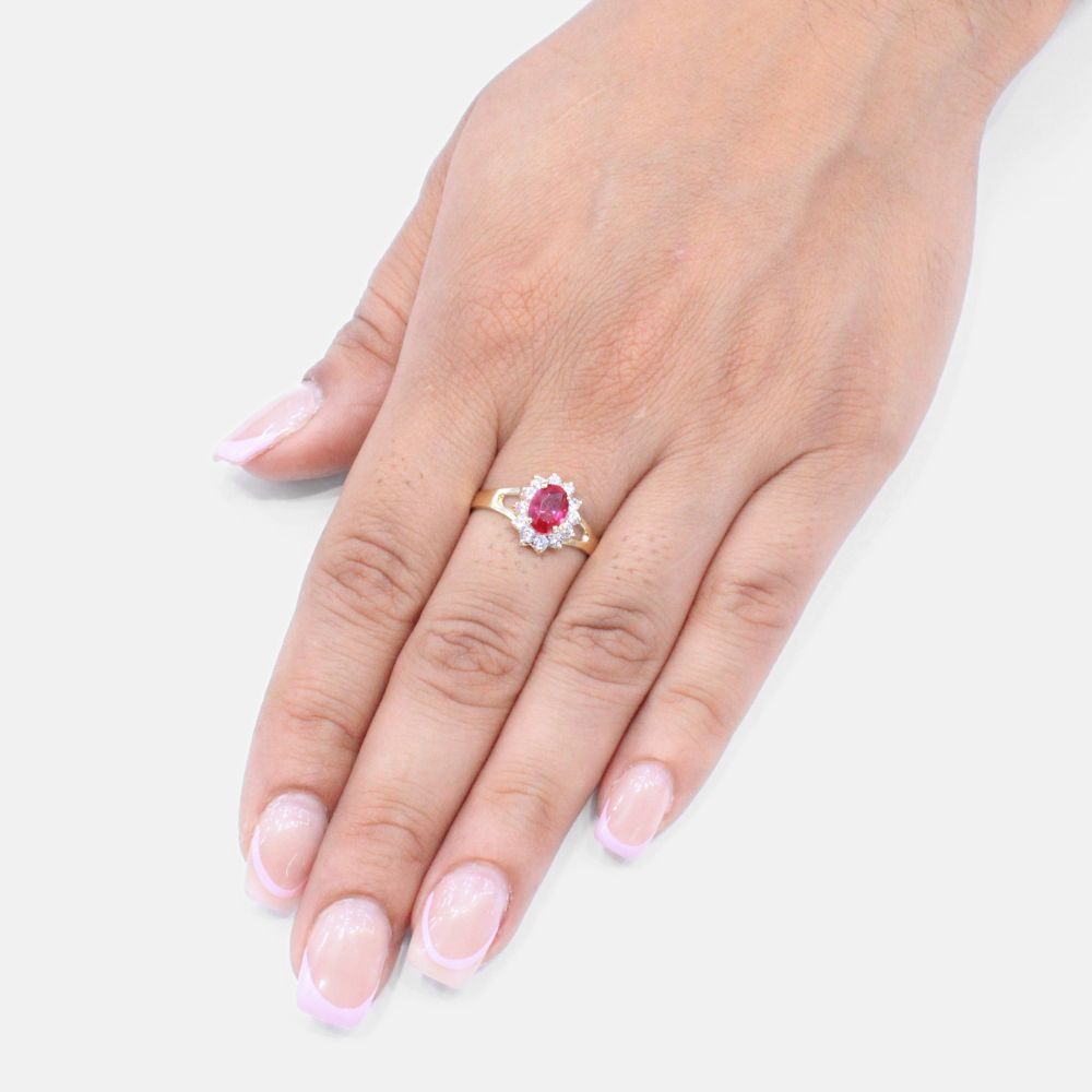 Anillo de Oro 14k Flor con Zirconia Color Rojo mod. 9182