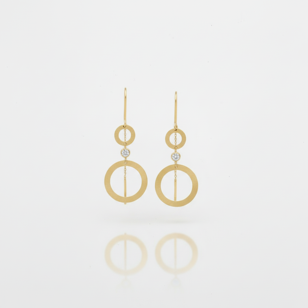 Arete Largo de Oro 14k Diseño Fino con Círculos Elegantes Detallados con Zirconia mod. 10117