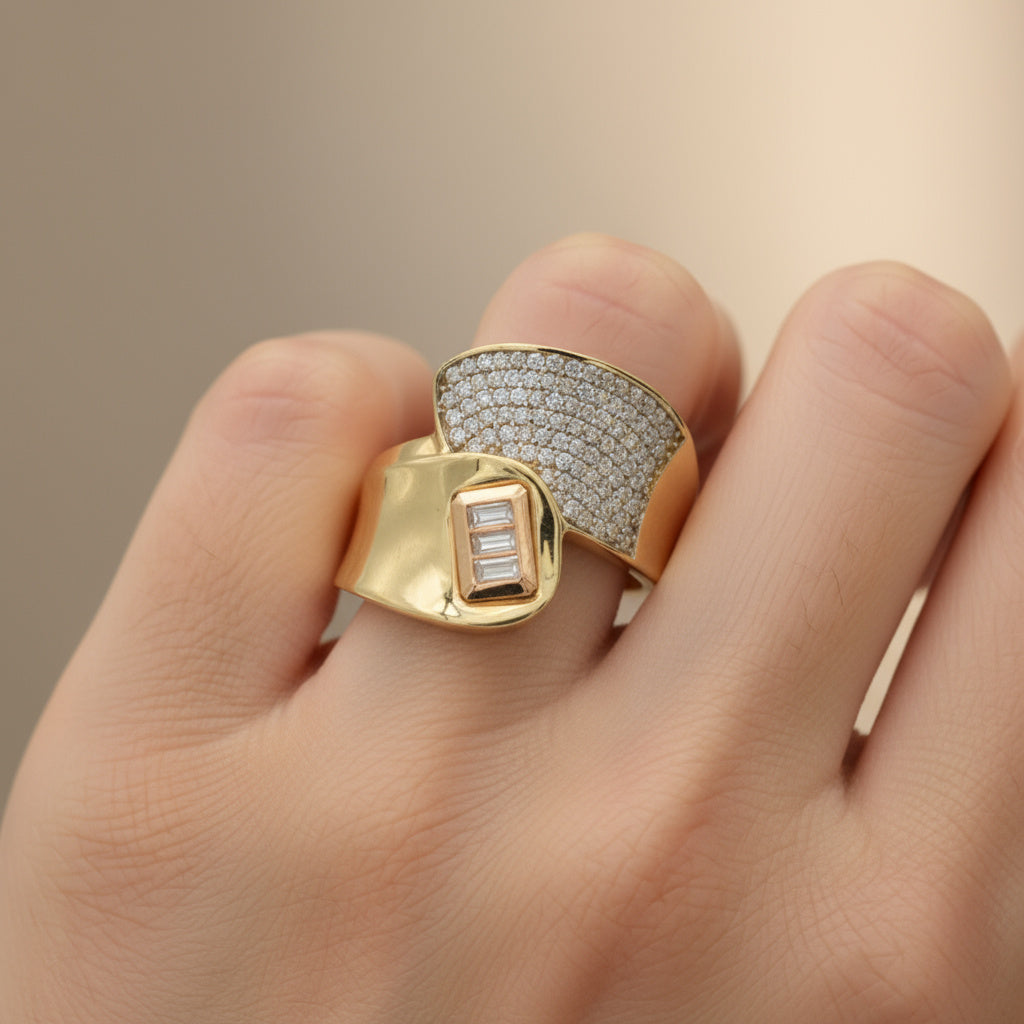 Anillo de Oro 14k Diseño Elegante Florentino con Zirconias Finas mod. 10004