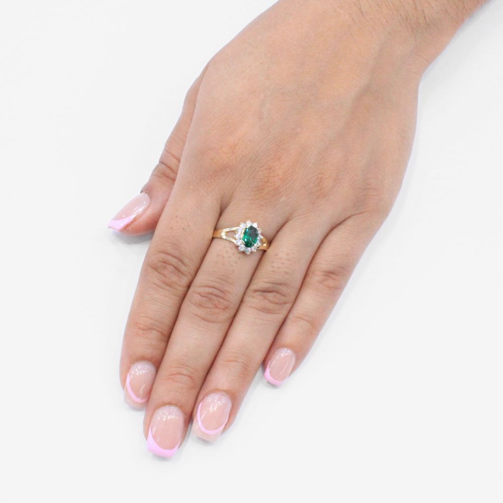 Anillo de Oro 14k con Zirconia Oval Color Verde Esmeralda mod. 9168