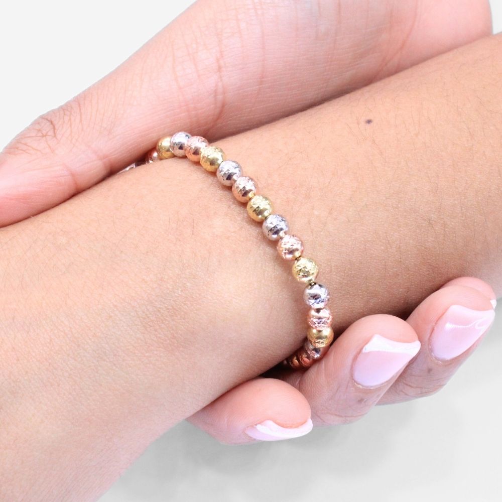 Pulsera de Oro 14k con Eslabones de Esfera Hueca y Diamantada mod. 8664