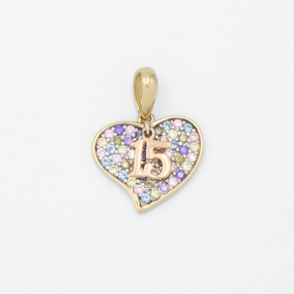 Dije de Oro 14k con Forma de Corazón Incrustado de Zirconias de Colores y Número 15 Movible mod. 9401