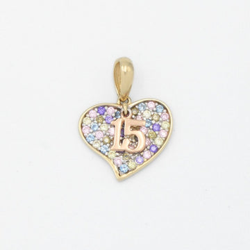 Dije de Oro 14k con Forma de Corazón Incrustado de Zirconias de Colores y Número 15 Movible mod. 9401