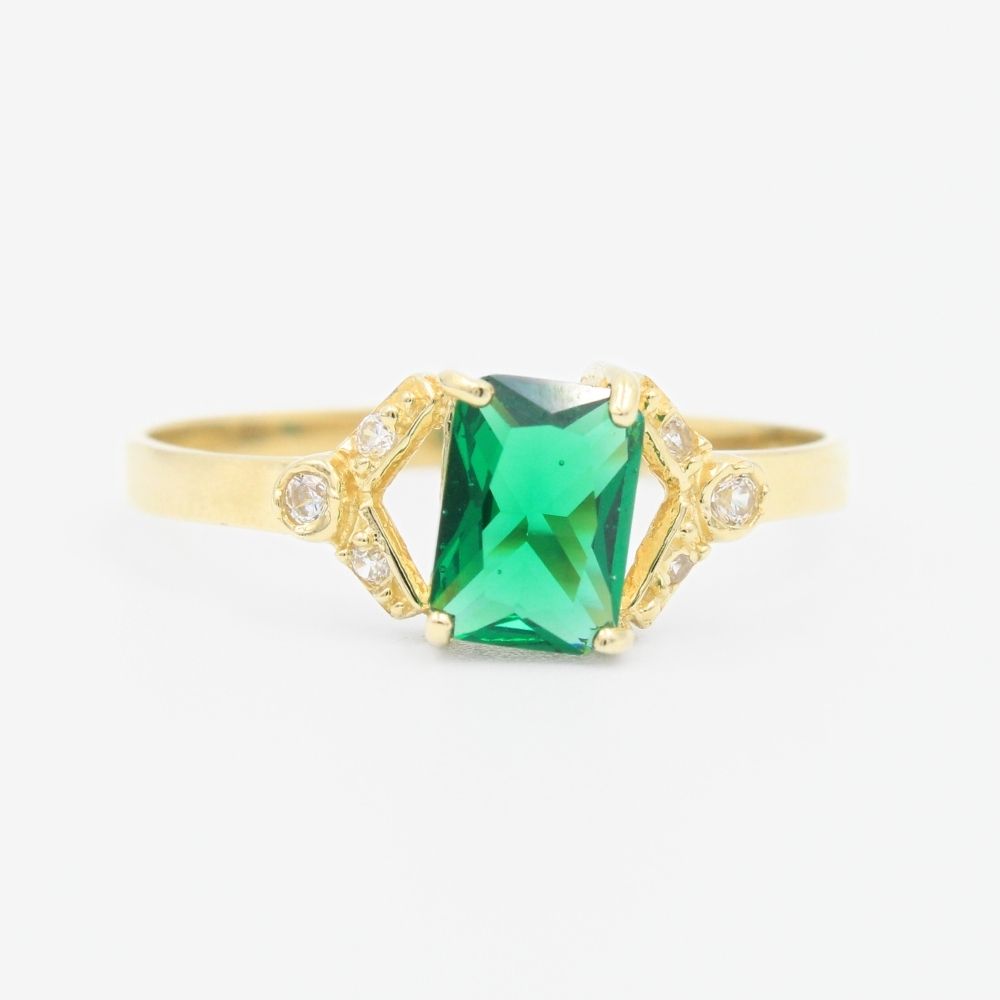 Anillo de Oro 14k con Diseño de V Incrustado de Zirconia en Color Verde Esmeralda mod. 9218