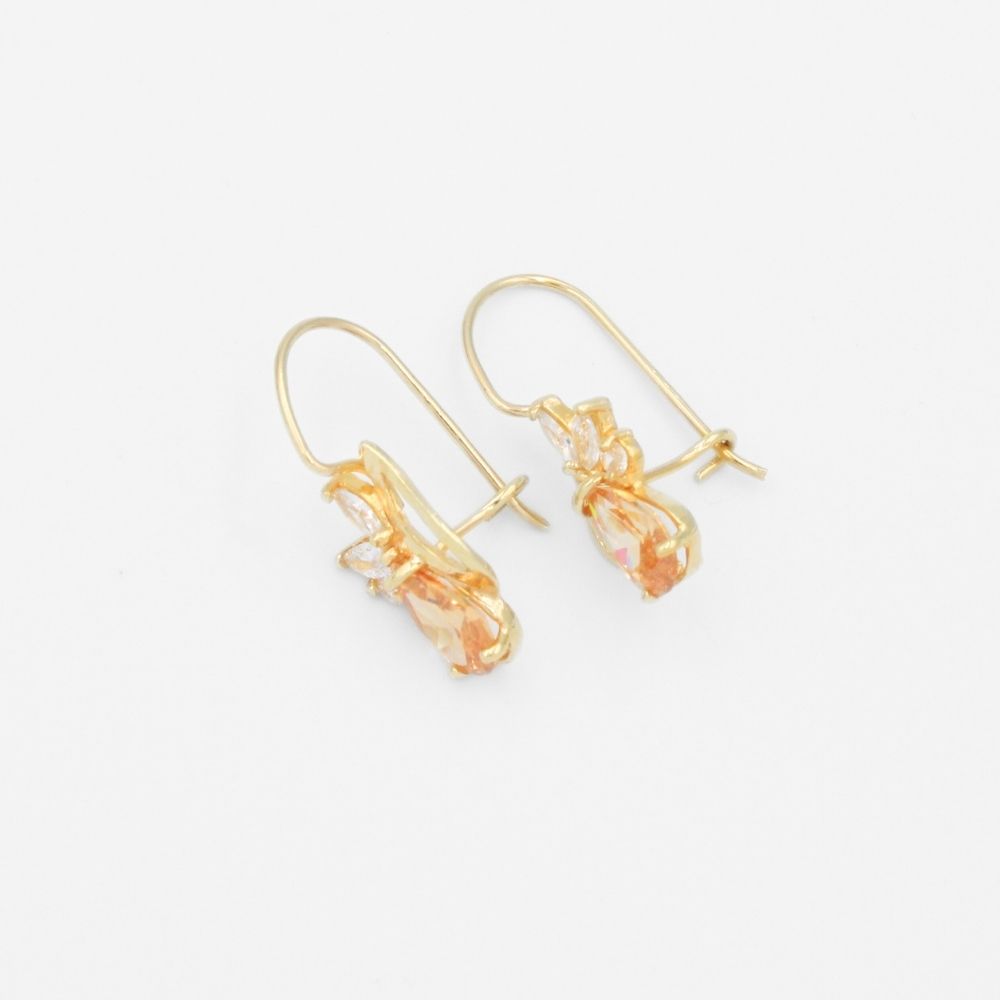 Arete con Broche Arillo de Oro 14k Diseño Elegante con Calado Especial y Zirconia Color Naranaja Tangerine mod. 9769
