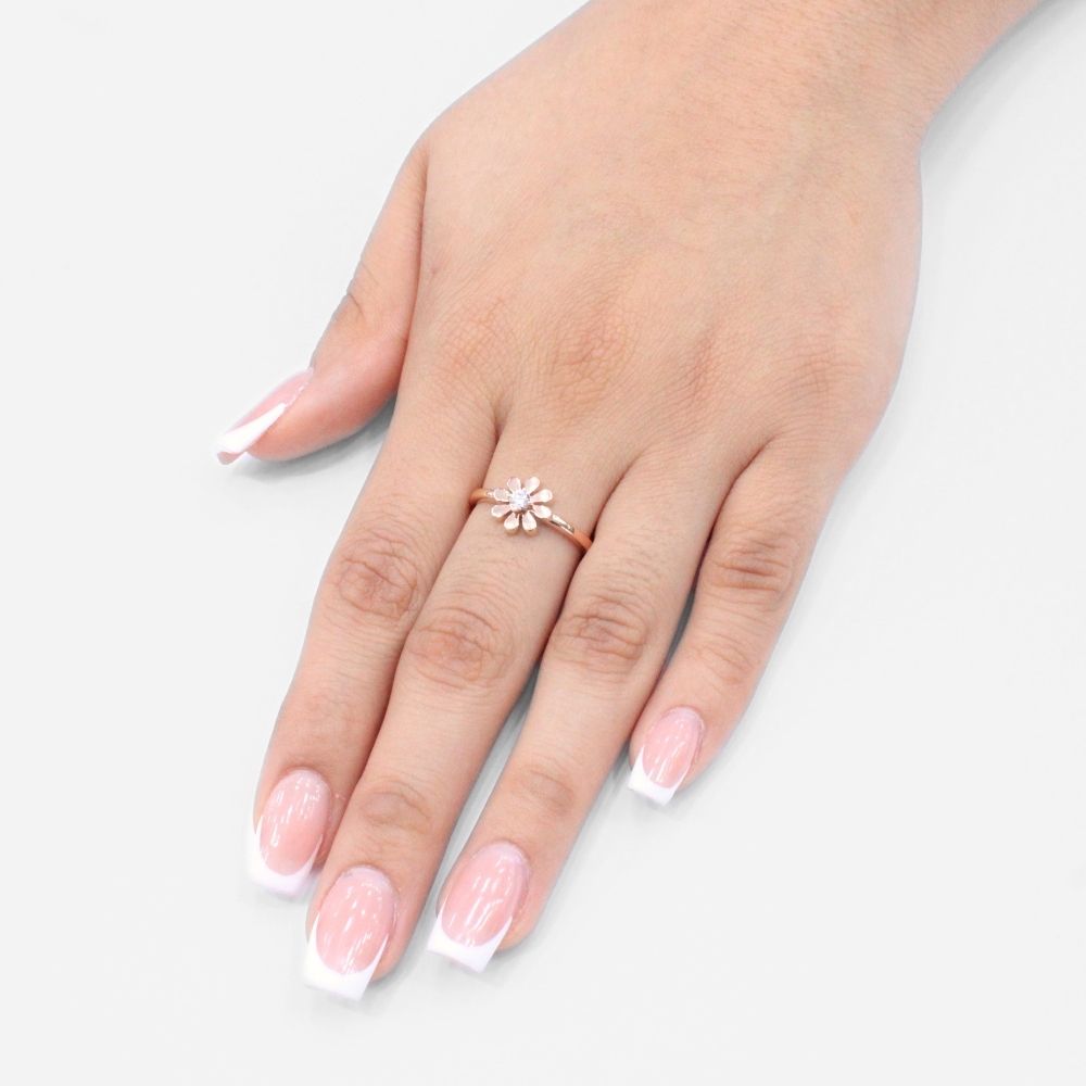 Anillo de Oro 14k Rosa Diseño con Flor y Centro de Zirconia mod. 9608