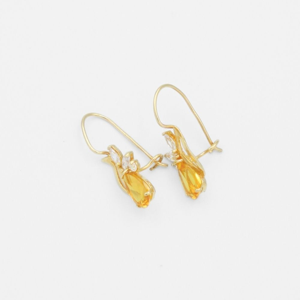 Arete con Broche Arillo de Oro 14k Diseño Elegante con Calado Especial y Zirconia Color Ambar mod. 9769