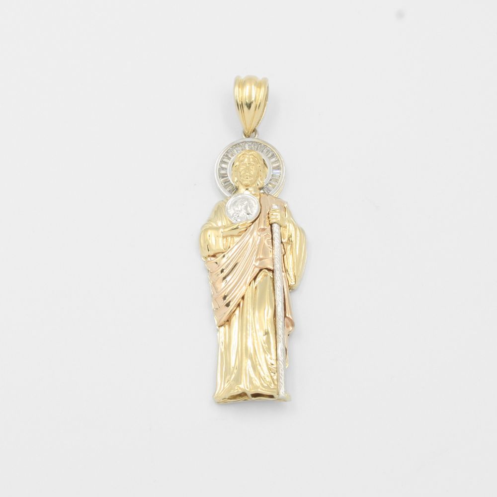 Dije de Oro 14k San Judas Hueco con Aura de Zirconias Baguette mod. 7867