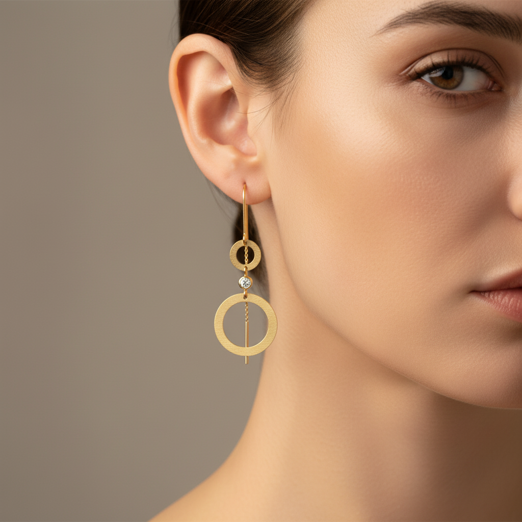 Arete Largo de Oro 14k Diseño Fino con Círculos Elegantes Detallados con Zirconia mod. 10117