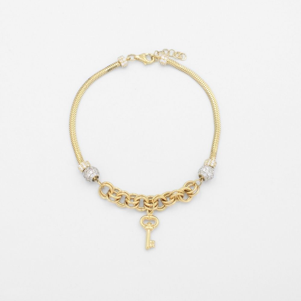 Pulsera de Oro 14k Diseño Especial con Esferas de Zirconia y Charm de Llave Brillante mod. 9689
