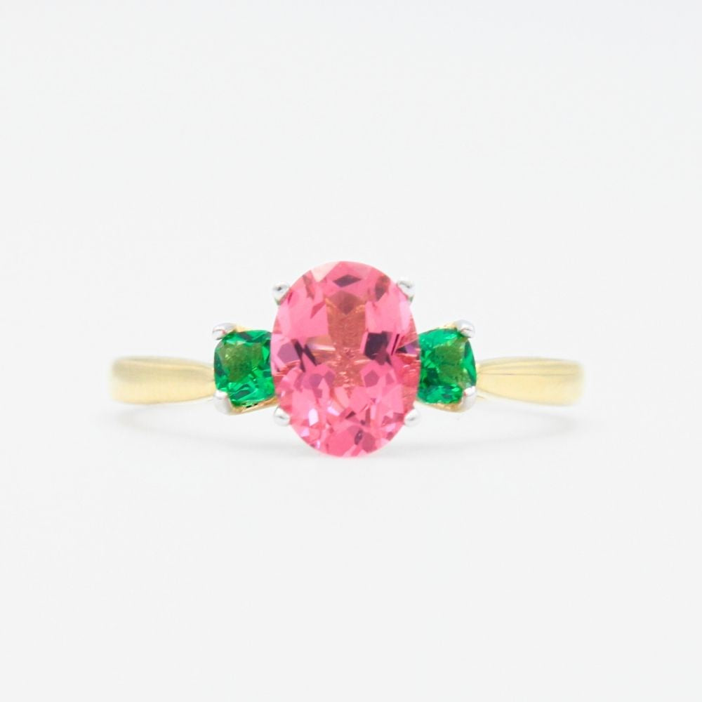 Anillo de Oro 14k de Diseño Oval Incrustado de Zirconias Rosa y Verde mod. 9317