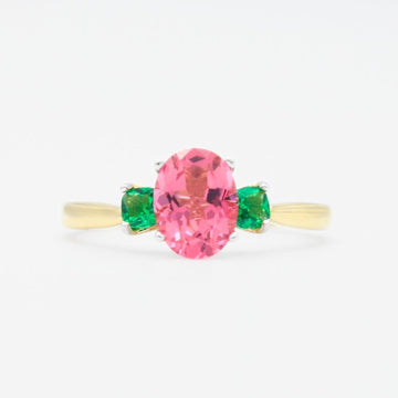 Anillo de Oro 14k de Diseño Oval Incrustado de Zirconias Rosa y Verde mod. 9317