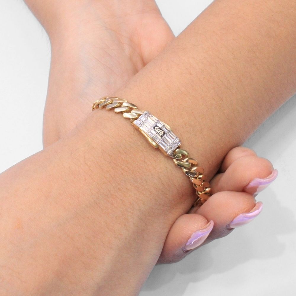 Pulsera Mónaco Chain 14k Modelo Classic Plain de Broche Baguette con Incrustación Swarovski mod. 9681