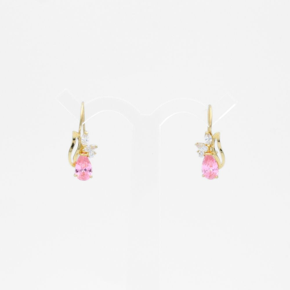 Arete con Broche Arillo de Oro 14k Diseño Elegante con Calado Especial y Zirconia Color Rosa mod. 9769