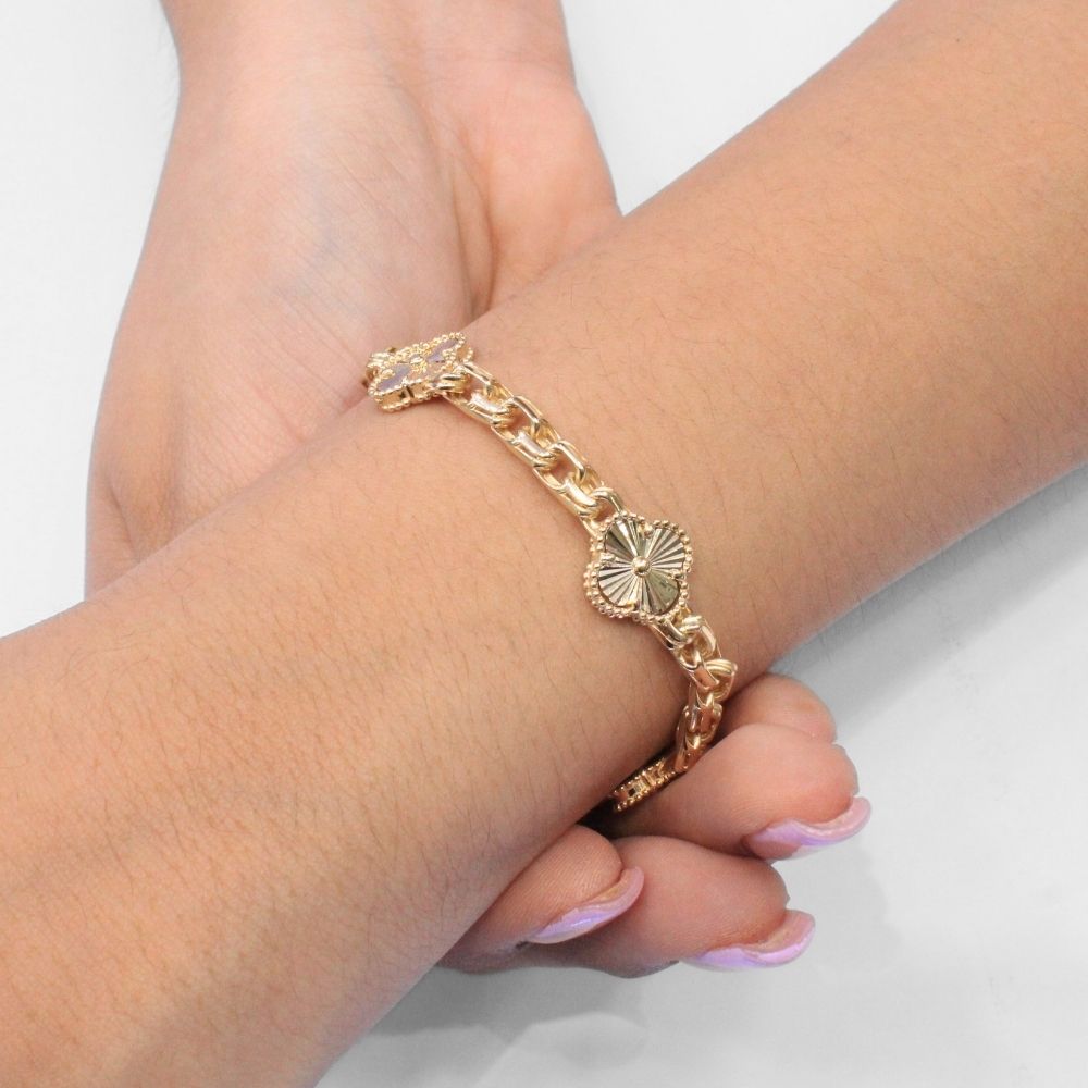 Pulsera de Oro 14k Hueco de Tejido Chino con Broche Incrustado de Zirconias y Tréboles Diamantados mod. 9680
