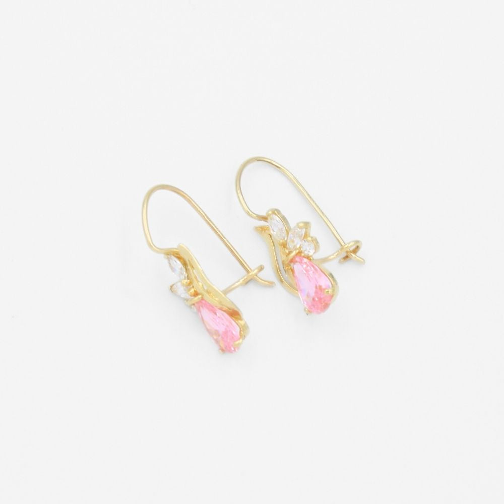 Arete con Broche Arillo de Oro 14k Diseño Elegante con Calado Especial y Zirconia Color Rosa mod. 9769