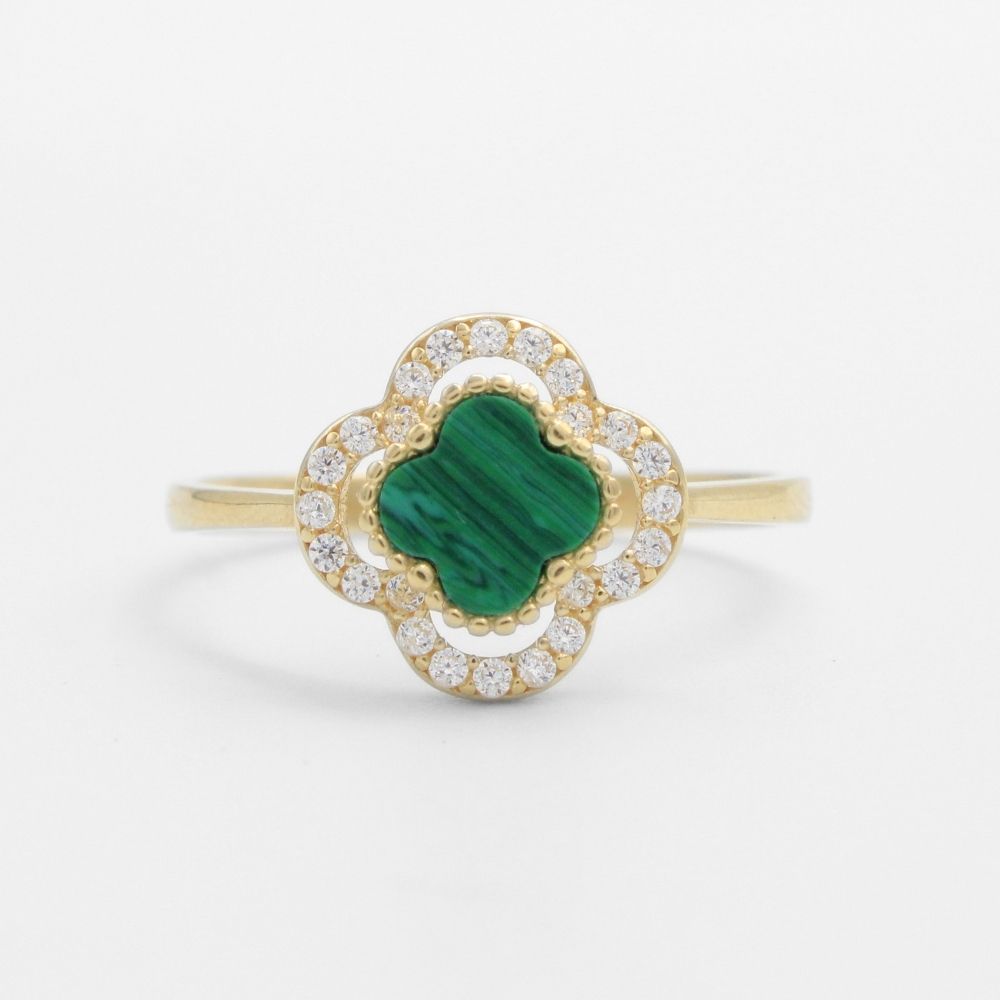 Anillo de Oro 14k Trébol de Malaquita con Detalle de Zirconias mod. 9663