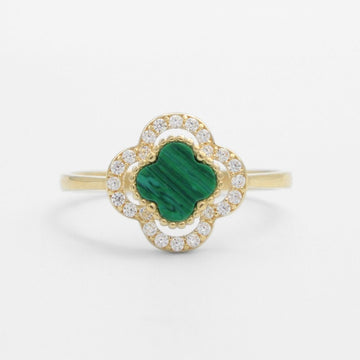 Anillo de Oro 14k Trébol de Malaquita con Detalle de Zirconias mod. 9663