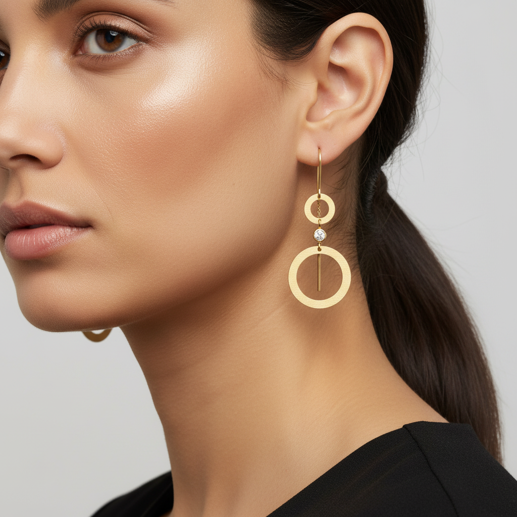 Arete Largo de Oro 14k Diseño Fino con Círculos Elegantes Detallados con Zirconia mod. 10117