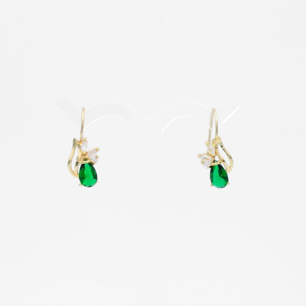 Arete con Broche Arillo de Oro 14k Diseño Elegante con Calado Especial y Zirconia Color Verde Esmeralda mod. 9769