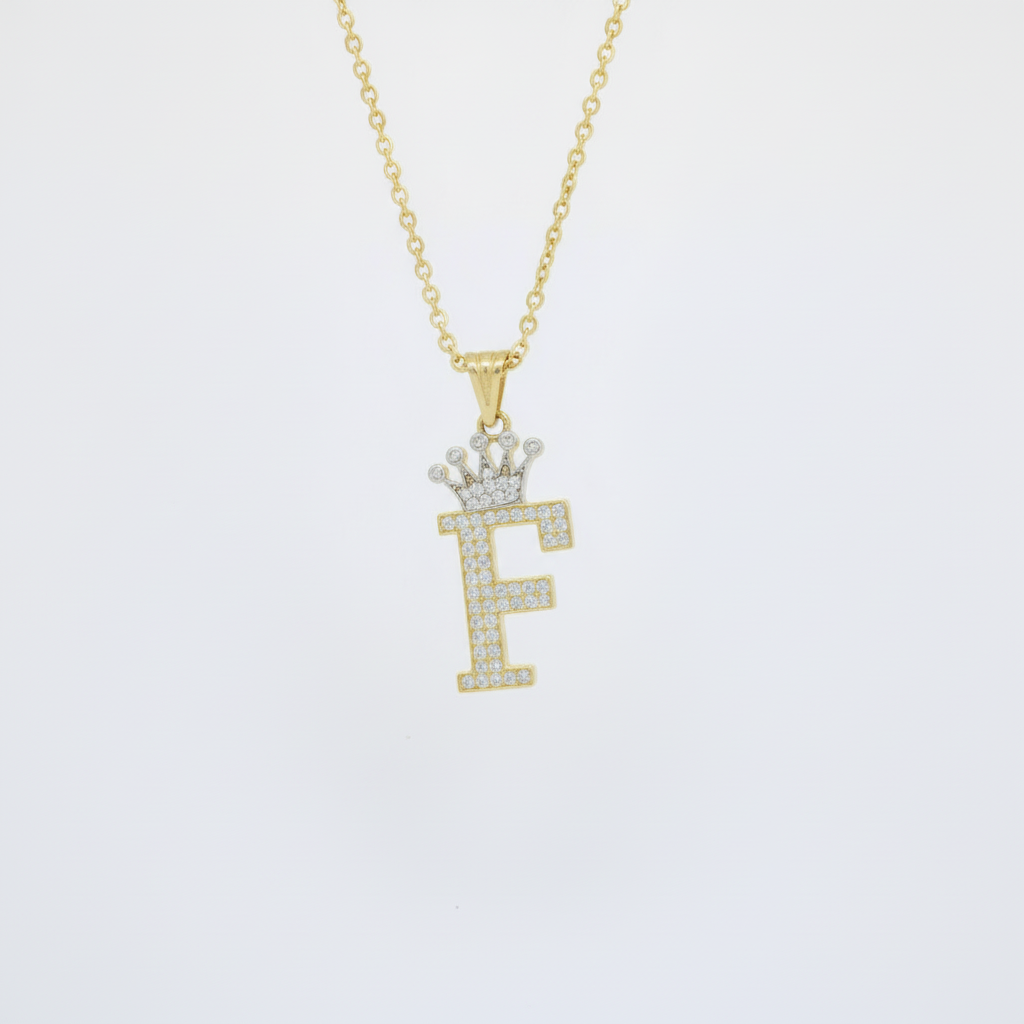 Dije de Oro 14k con Diseño de Inicial F Incrustada con Zirconias mod. 10110