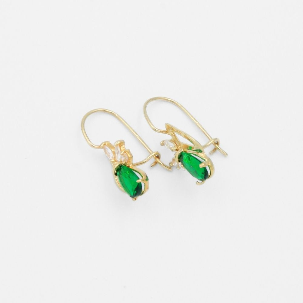 Arete con Broche Arillo de Oro 14k Diseño Elegante con Calado Especial y Zirconia Color Verde Esmeralda mod. 9769