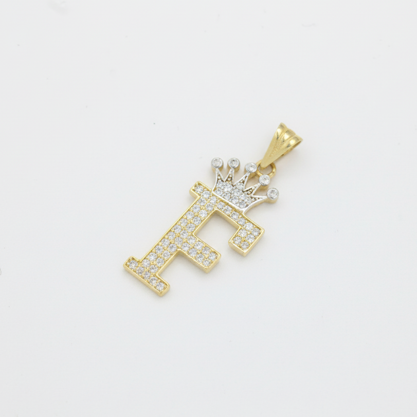 Dije de Oro 14k con Diseño de Inicial F Incrustada con Zirconias mod. 10110
