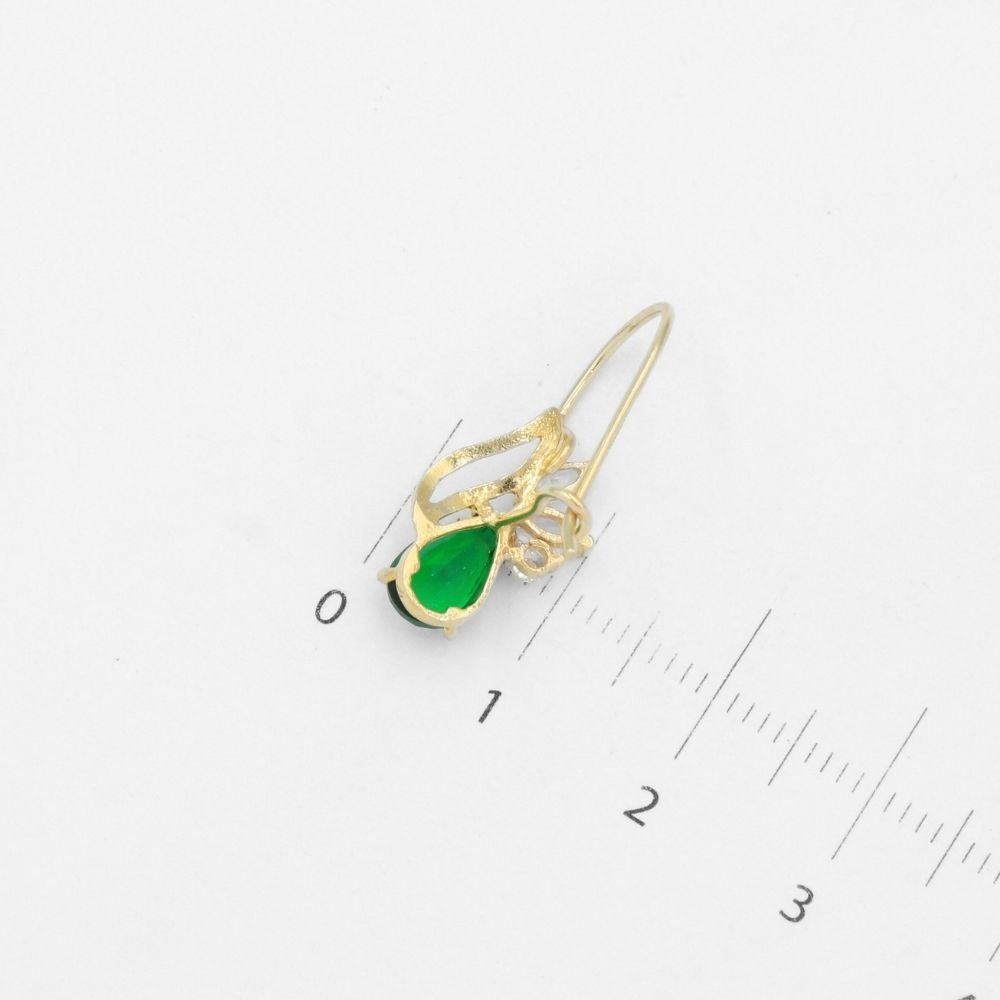 Arete con Broche Arillo de Oro 14k Diseño Elegante con Calado Especial y Zirconia Color Verde Esmeralda mod. 9769