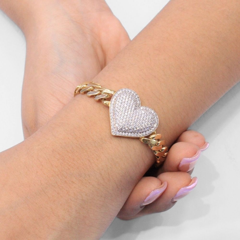 Pulsera Mónaco Chain 14k Modelo Classic Plain Hueco de Broche y Corazón Pavé de Swarovski mod. 9678