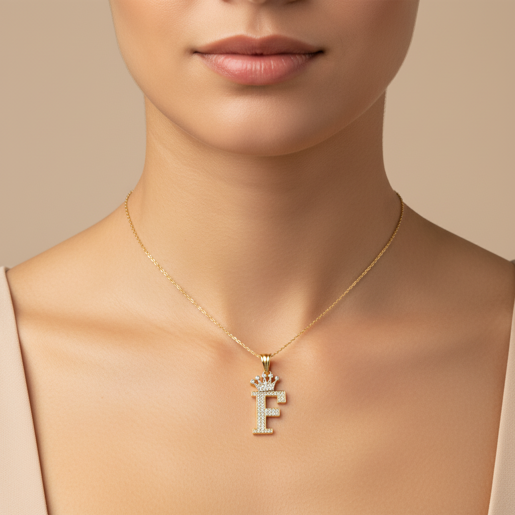Dije de Oro 14k con Diseño de Inicial F Incrustada con Zirconias mod. 10110