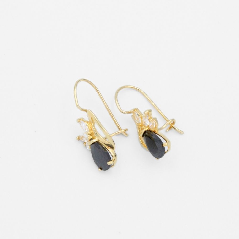 Arete con Broche Arillo de Oro 14k Diseño Elegante con Calado Especial y Zirconia Color Negro Profundo mod. 9769