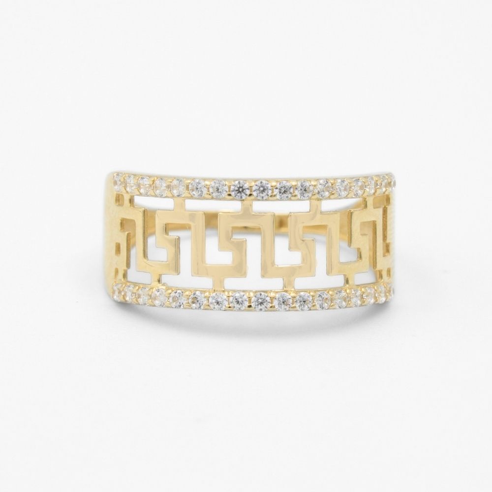 Anillo de Oro 14k con Calado de Grecas e Incrustación de Zirconias mod. 8629