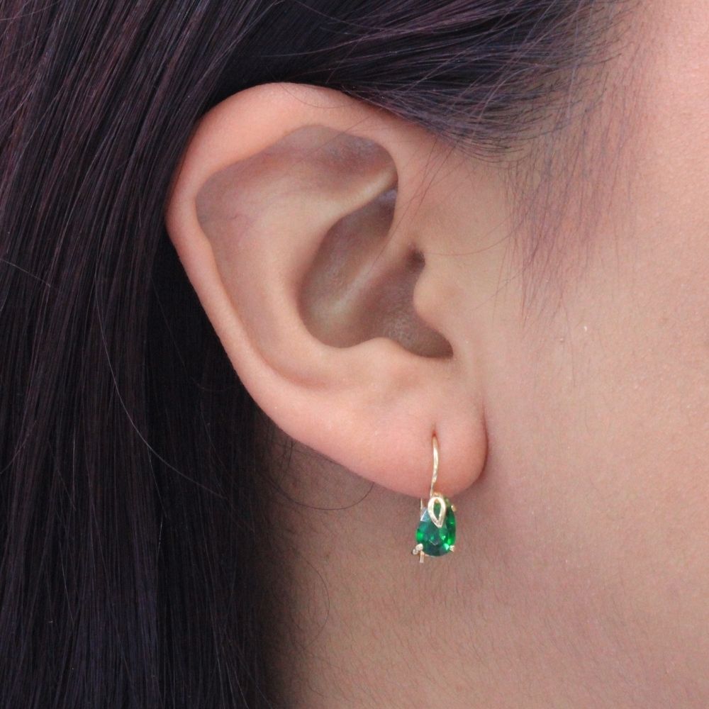 Arete con Broche Arillo de Oro 14k Gota de Zirconia Color Verde Esmeralda mod. 9766
