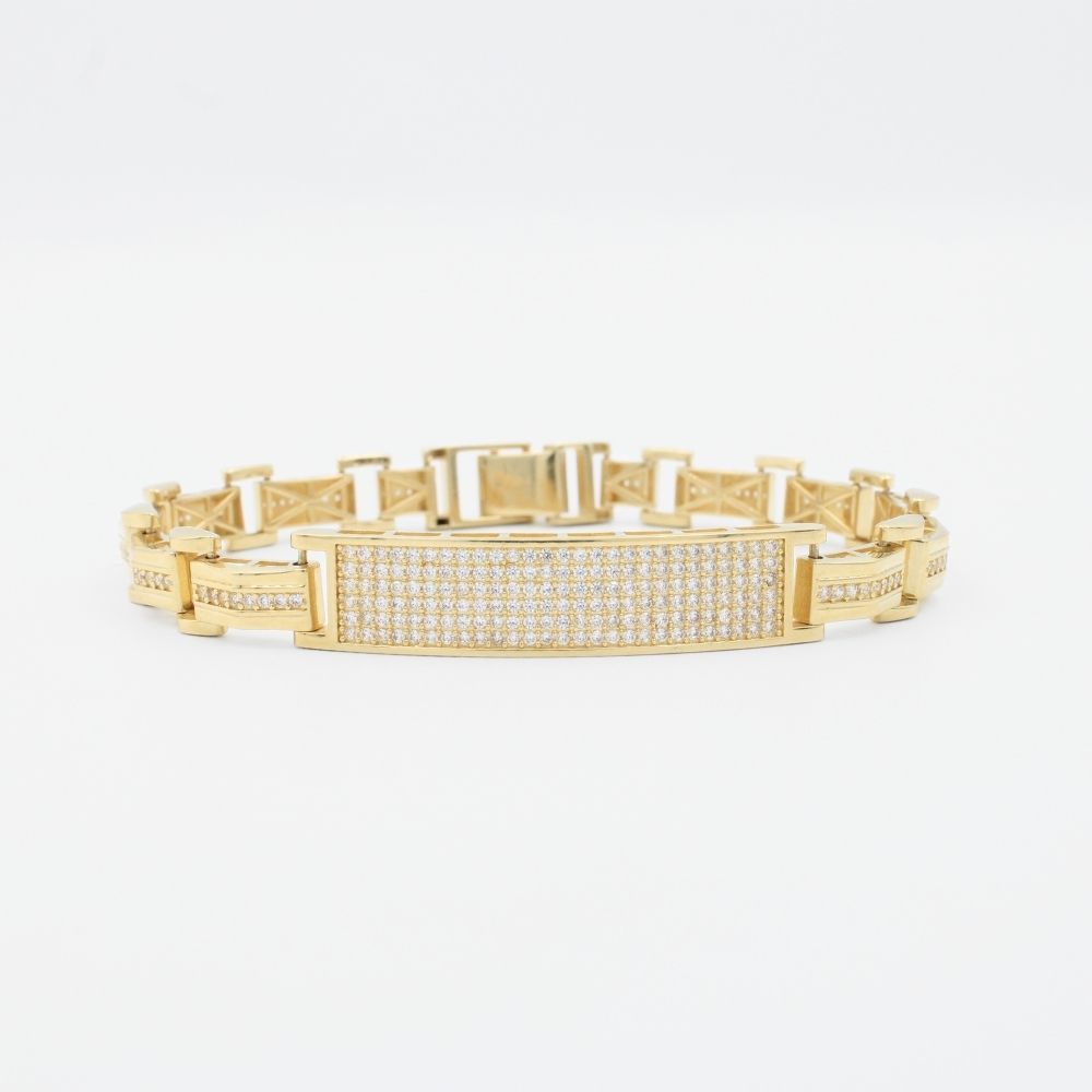 Pulsera de Oro 14k Diseño de Eslabones Huecos con Placa Incrustada de Zirconias mod. 8862