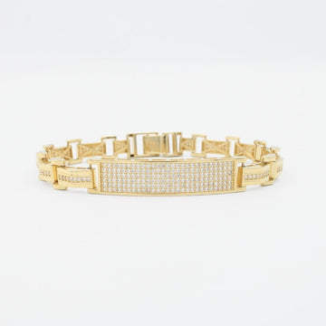Pulsera de Oro 14k Diseño de Eslabones Huecos con Placa Incrustada de Zirconias mod. 8862