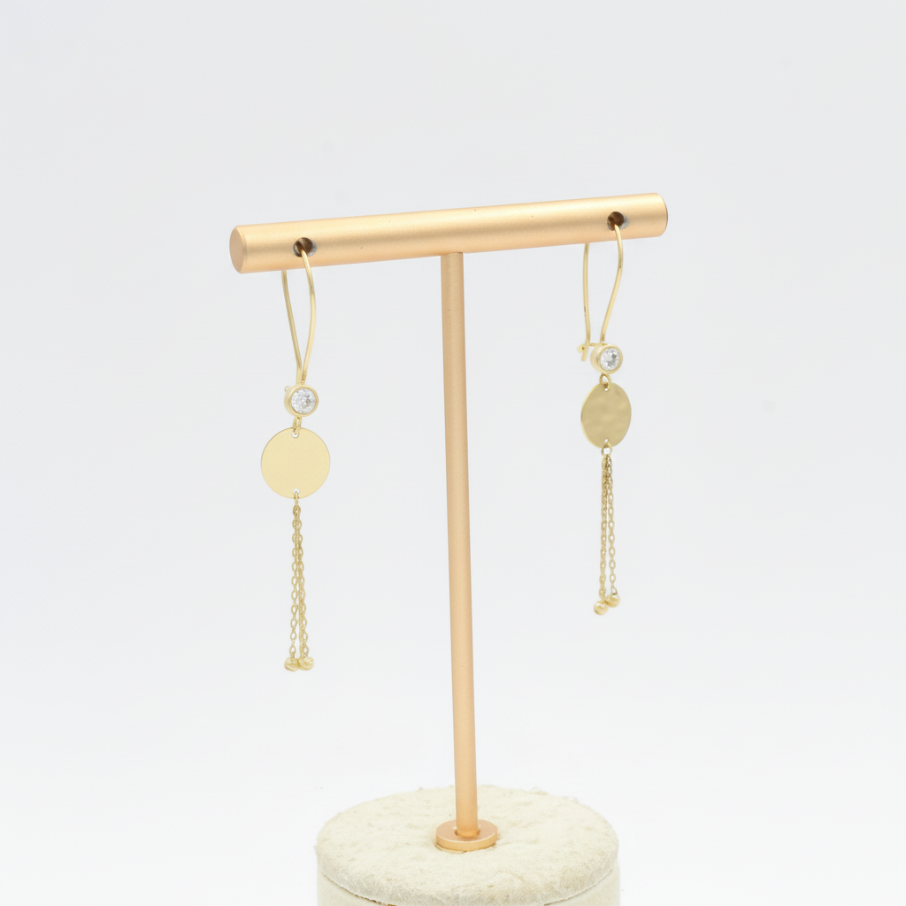 Arete Largo de Oro 14k Modelo Elegante con Círculo Espejo y Zirconia Fina mod. 10118