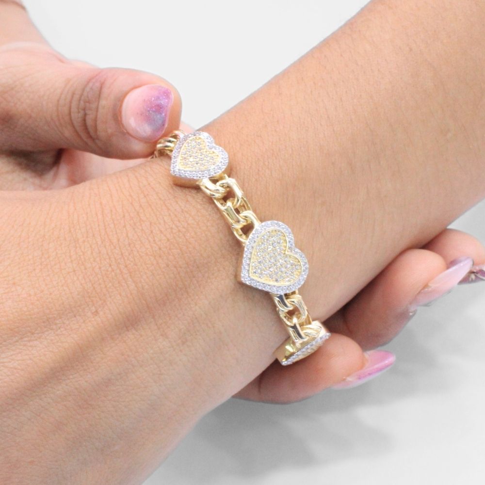 Pulsera de Oro 14k Diseño Plus de Tejido Chino con Corazones Incrustado con Zirconias Finas mod. 9380