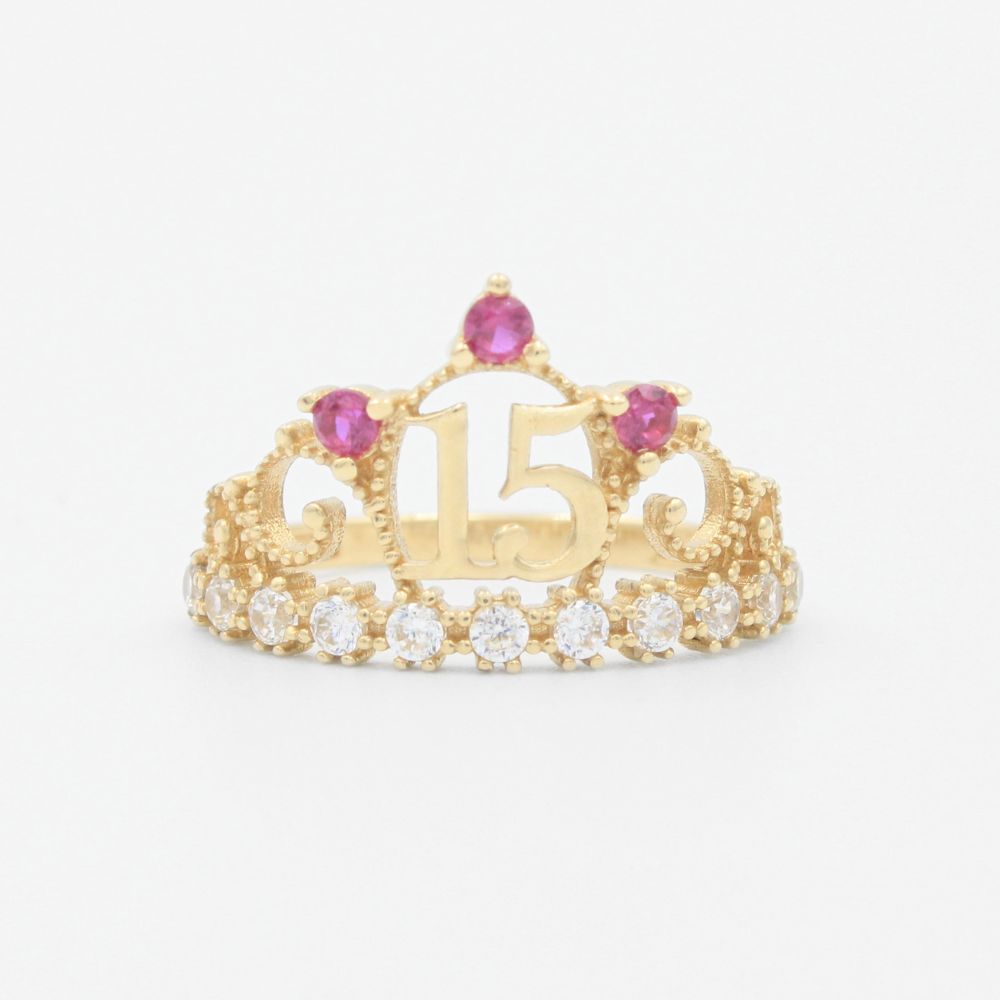 Anillo XV Años de Oro 14k Con Diseño de Corona Incrustado de Zirconias Finas mod. 9551