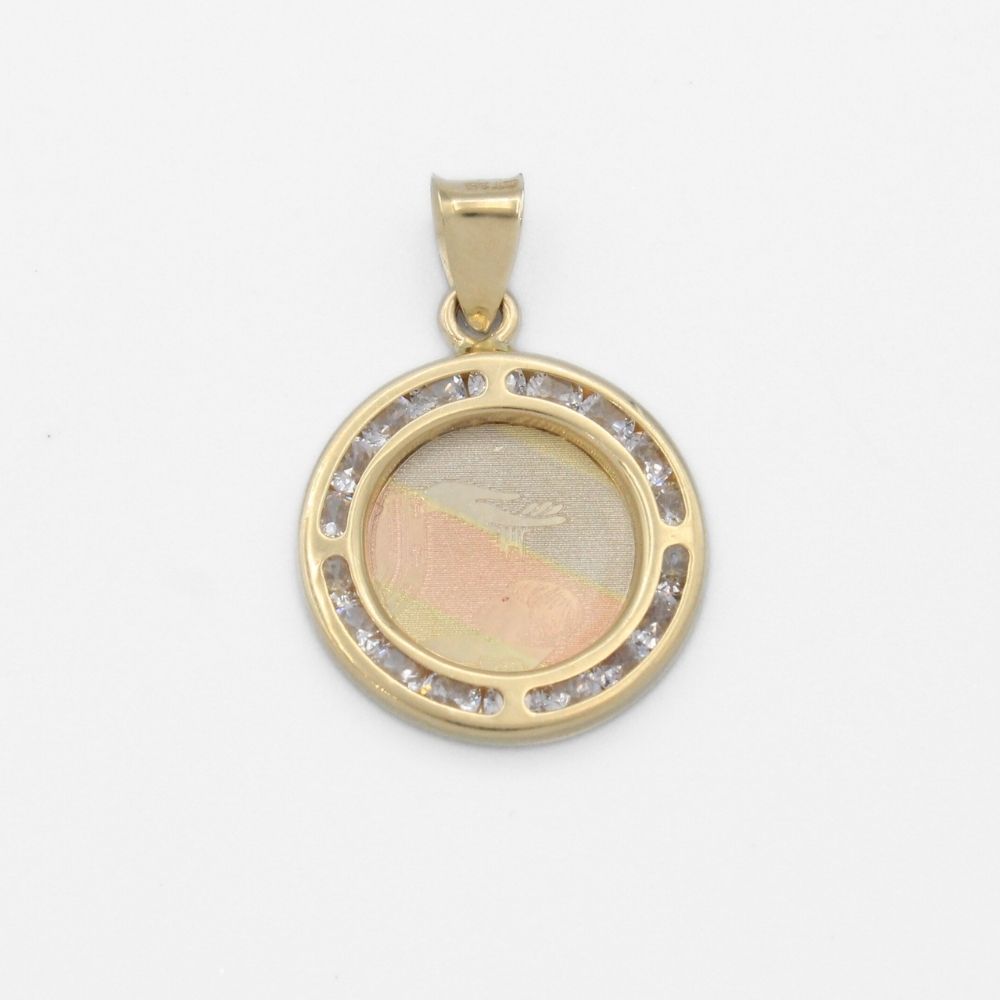 Medalla de Oro 14k para Bautizo con Diseño del Bautismo en Color Florentino y Orla de Zirconias mod. 9889