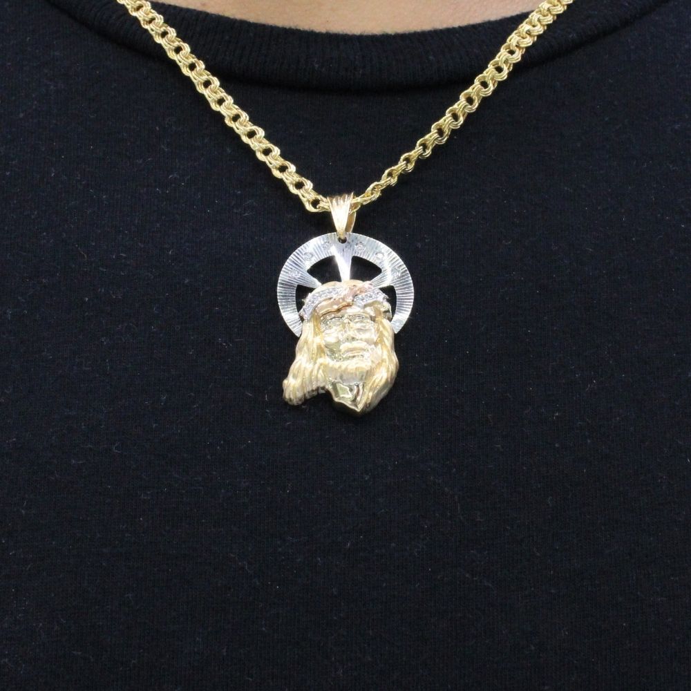 Dije de Oro 14k Rostro de Jesucristo con Aureola y Zirconias Mod. 9863