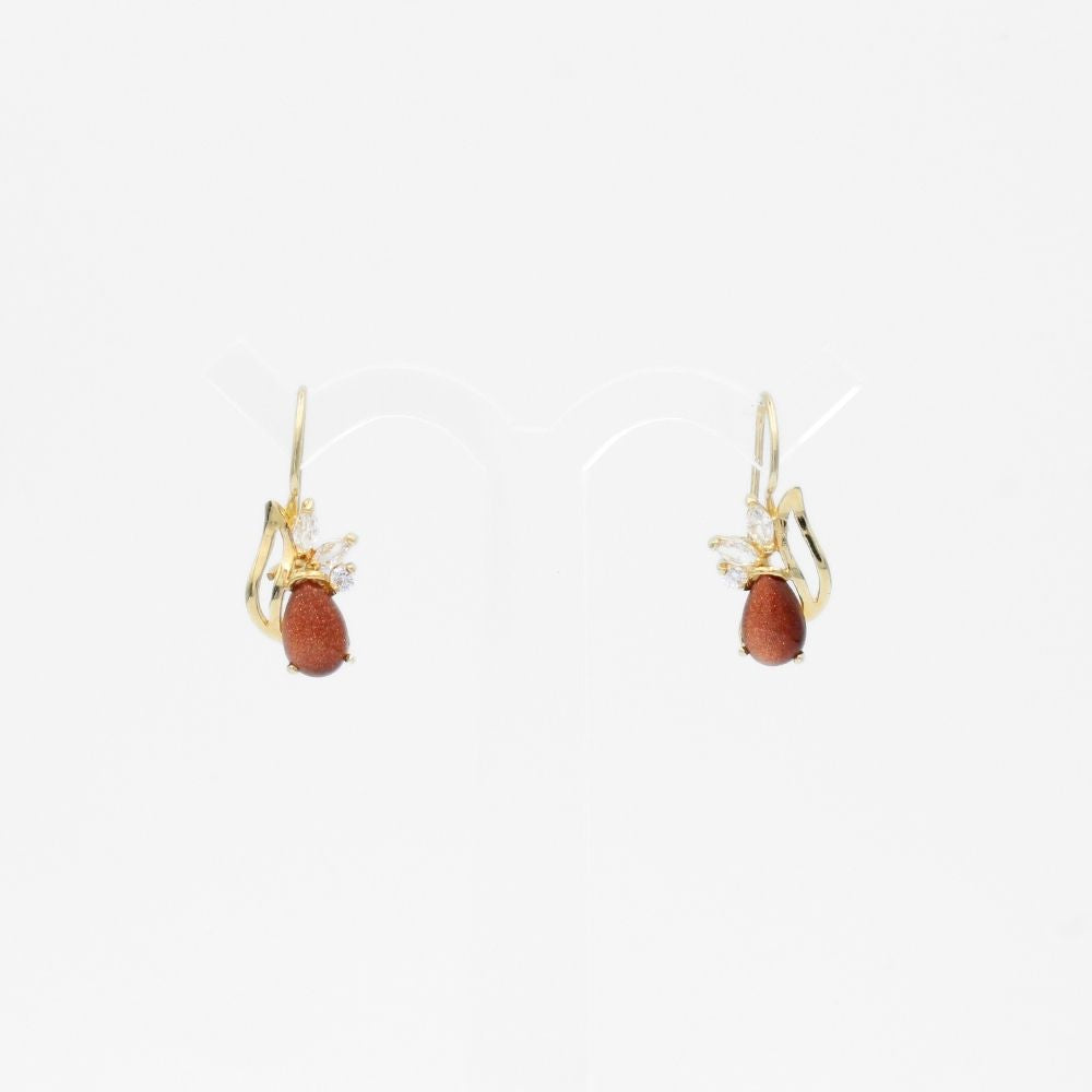 Arete con Broche Arillo de Oro 14k Diseño Elegante con Calado Especial y Aventurina Naranja mod. 9769