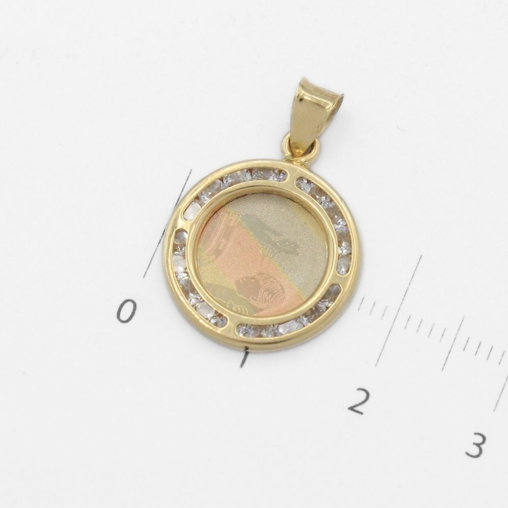 Medalla de Oro 14k para Bautizo con Diseño del Bautismo en Color Florentino y Orla de Zirconias mod. 9889