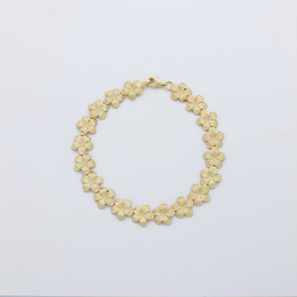 Pulsera de Oro 14k Modelo de Flores del Pensamiento de Tono Mate y Diamantado Blanco mod. 10016