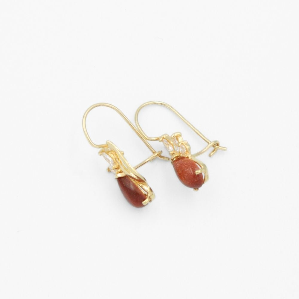 Arete con Broche Arillo de Oro 14k Diseño Elegante con Calado Especial y Aventurina Naranja mod. 9769