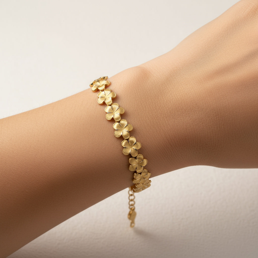 Pulsera de Oro 14k Modelo de Flores del Pensamiento de Tono Mate y Diamantado Blanco mod. 10016