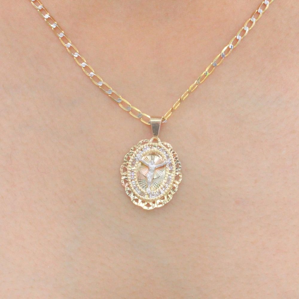 Medalla de Oro 14k para Bautizo con Cristo en Cruz y Marco Calado con Zirconias Mod. 9890