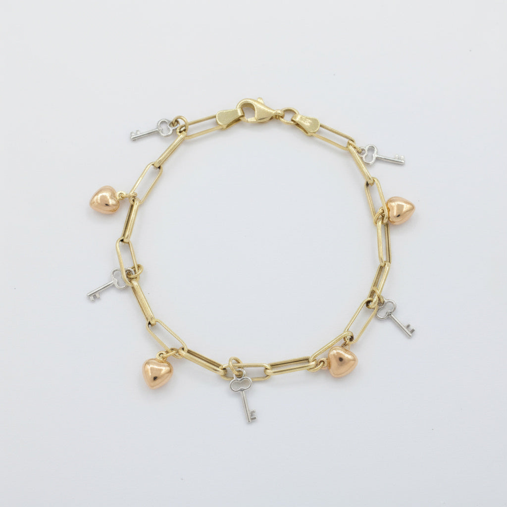 Pulsera de Oro 14k Diseño Hueco y fino con Dijes de Corazón y Llaves mod. 10017